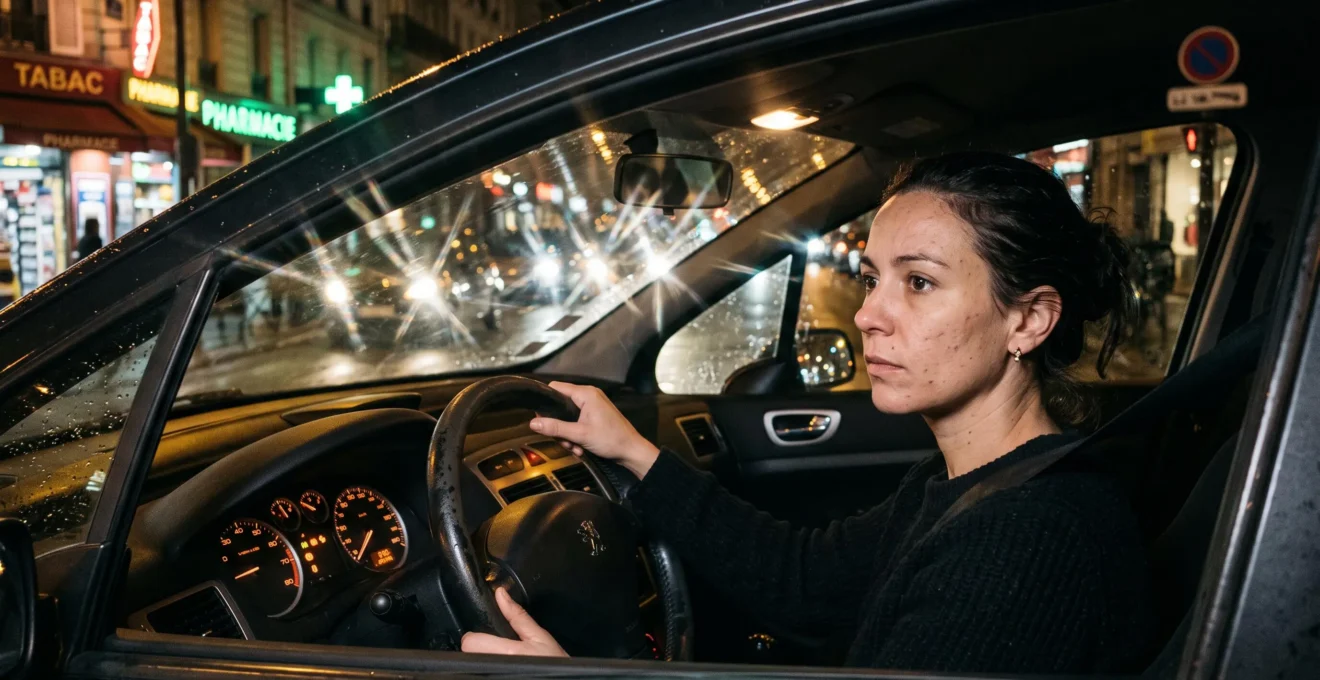 Femme conduisant de nuit confrontée aux halos lumineux créés par les phares de voitures dans un environnement urbain français