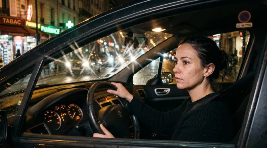Femme conduisant de nuit confrontée aux halos lumineux créés par les phares de voitures dans un environnement urbain français
