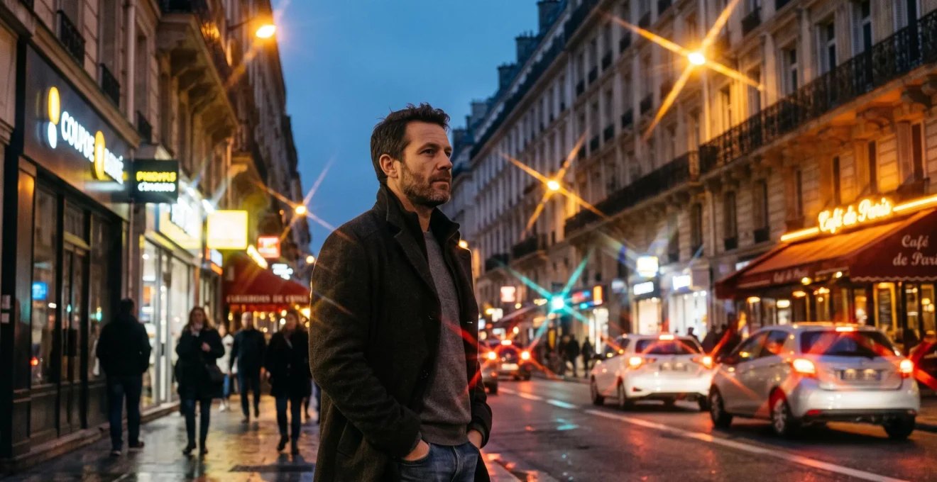 Homme dans une rue urbaine française au crépuscule face aux multiples halos lumineux créés par l'éclairage urbain nocturne