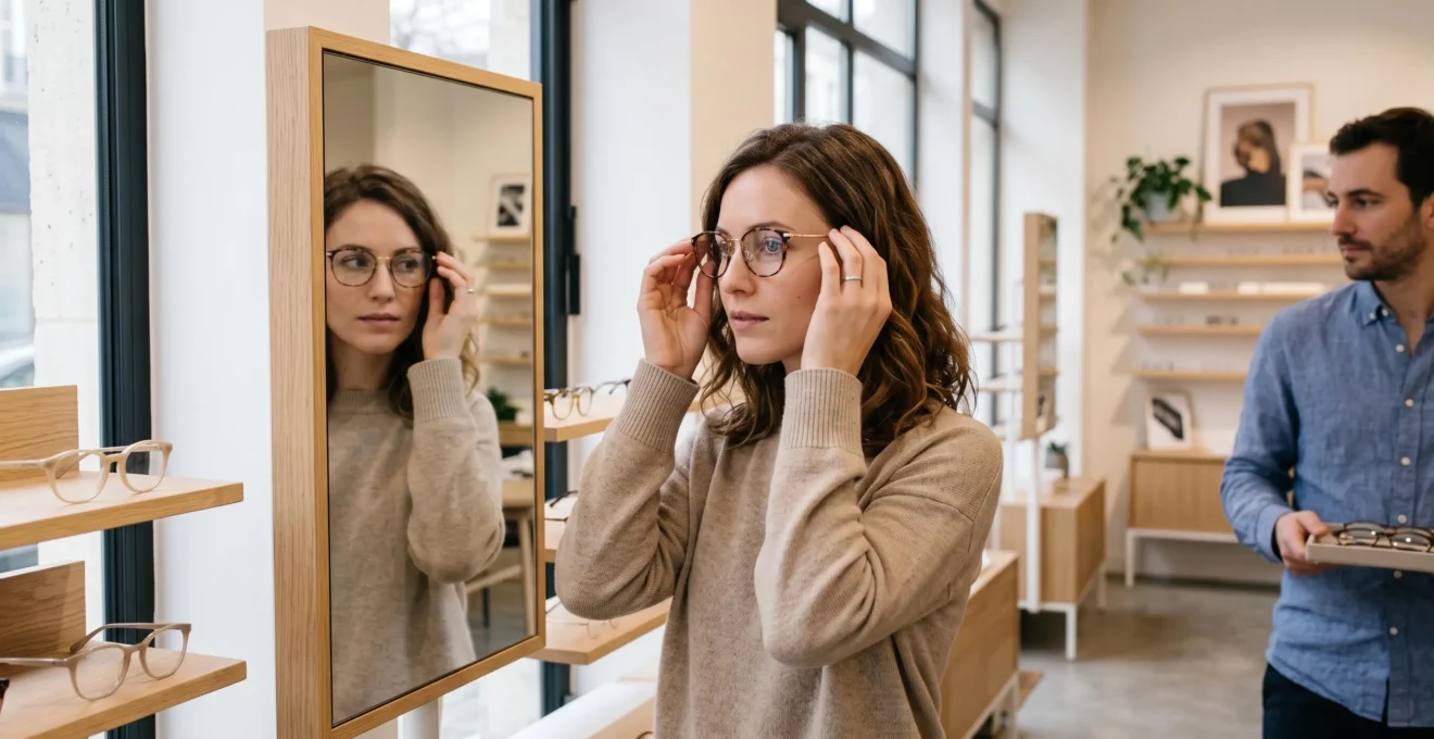 Femme essayant des lunettes correctrices chez un opticien français avec assistance professionnelle